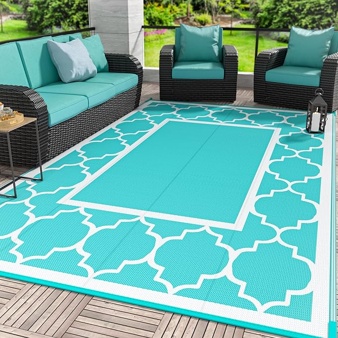 GENIMO 9 ' x 12 ' Outdoor Rug for Patio Clearance, Waterproof Indoor Outdoor Plastic Straw Rugs Carpet, Reversible Outside Area Mat for Camping, Balcony Porch, Deck, Picnic, Beach Aqua Blue & White