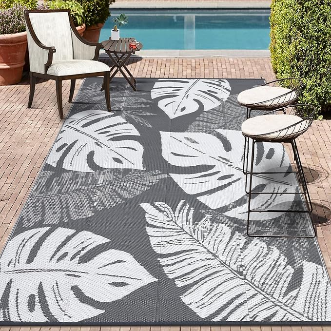COZYLOOM Outdoor Plastic Straw Rug 9x12 UV Resistant Waterproof Patio Rug, Reversible RV Camping Mat with Portable Bag & 4 Stakes, Modern Outdoor Carpet for Balcony Deck Yard, Grey