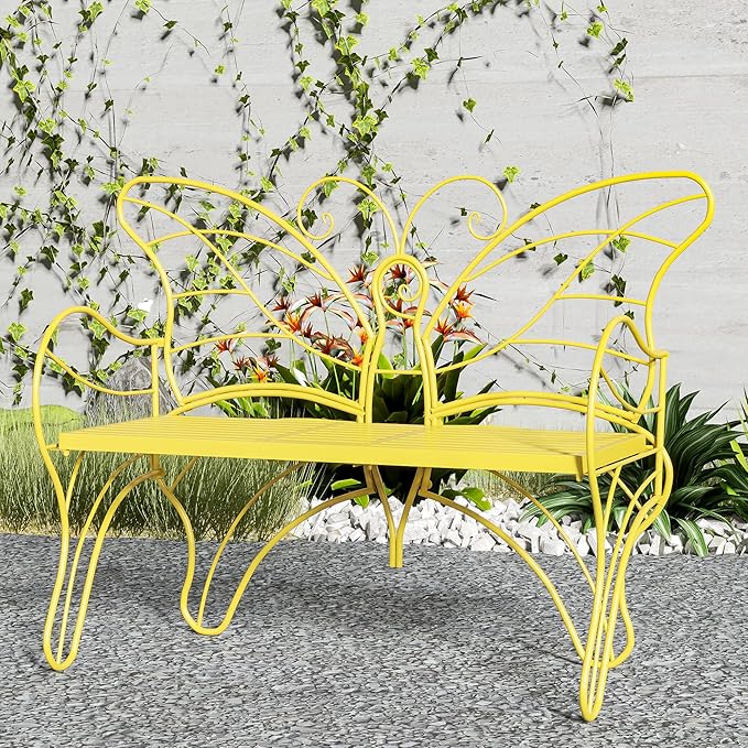 Outdoor Bench Patio Outdoor Garden Bench with Built-in Table, Butterfly Bench for Outside, 3 People Outdoor Bench Garden Bench Front Porch Furniture (Yellow, 49.2inch)