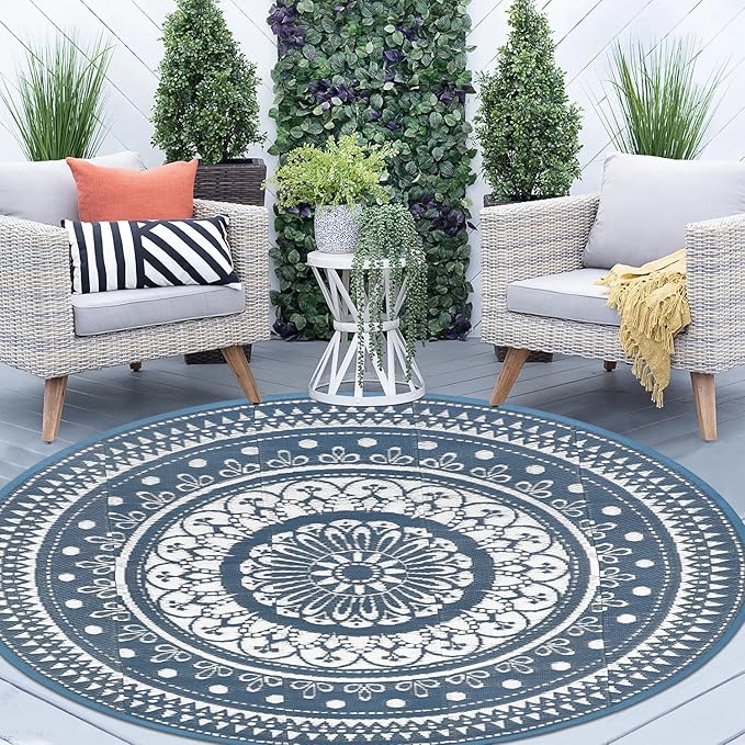 Cekene Round Outdoor Patio Rugs 6Ft Waterproof Reversible Outdoor Rugs with Carry Bags Lightweight Plastic Straw Rugs Portable RV Camping Mat Blue Floor Carpet for Deck Porch Picnic BBQ