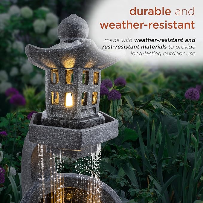 Alpine Corporation DIG370 31" Outdoor Zen Pagoda Water Fountain with LED Lights & Illuminated Stone Bowl – Tranquil Garden Water Feature for Relaxation and Ambiance, Gray