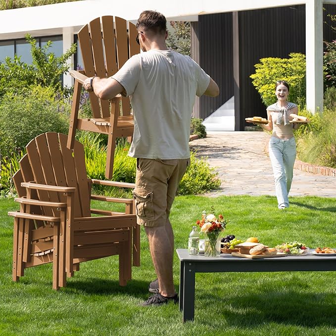 nevilywood Compact Stackable Adirondack Chairs Set of 4, 26.3" Wide HDPE Outdoor Patio Chairs - Durable, Space-Saving Design for Porch, Lawn or Garden, Teak