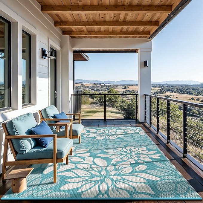 GENIMO Outdoor Rug Waterproof for Patio Decor, 6' x 9' Reversible Plastic Straw Floral Camping Carpet, Large Area Rugs Mats for RV, Camper, Deck, Balcony, Porch, Beach, Picnic, Blue & Beige