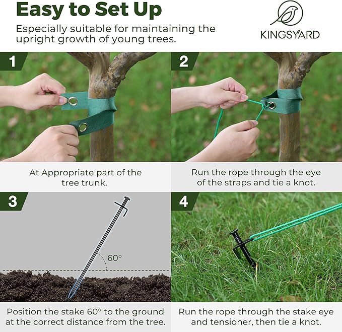 Kingsyard Heavy Duty Tree Stake Kit, 6 Pcs 12 Inch Steel Tree Stakes and Supports for Leaning Young Trees Straightening Kit Against Bad Weather, with 6Pcs Straps & 6Pcs 13ft Anchor Ropes