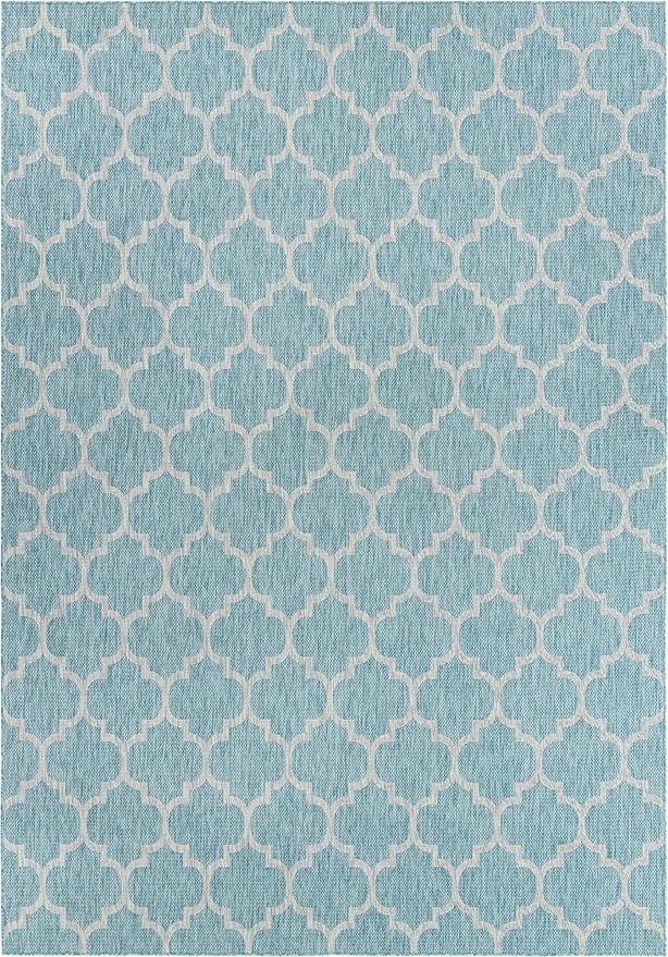 Unique Loom Outdoor Trellis Collection Area Rug (10' x 14' 1" Rectangle, Aquamarine/ Gray)
