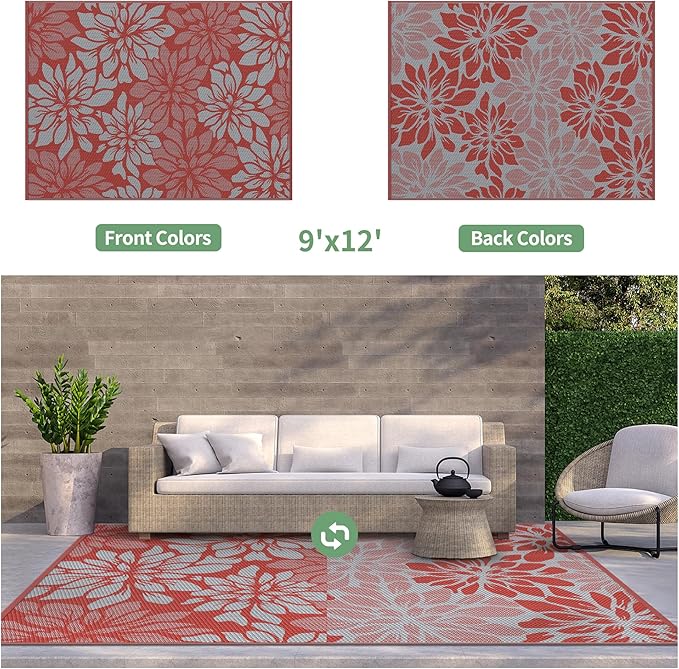 GENIMO Outdoor Rug Waterproof for Patio Decor, 9' x 12' Reversible Plastic Straw Floral Camping Carpet, Large Area Rugs Mats for RV, Camper, Deck, Balcony, Porch, Beach, Picnic, Red & Grey