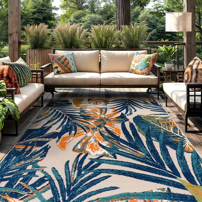 Rugshop Tropical Floral Leaves Indoor/Outdoor Area Rug Durable Polypropylene, Non-Shedding, Easy to Clean, Perfect for Patio, Backyard, Deck and Outdoor Lounge, High Traffic Areas, 6'6" x 9'