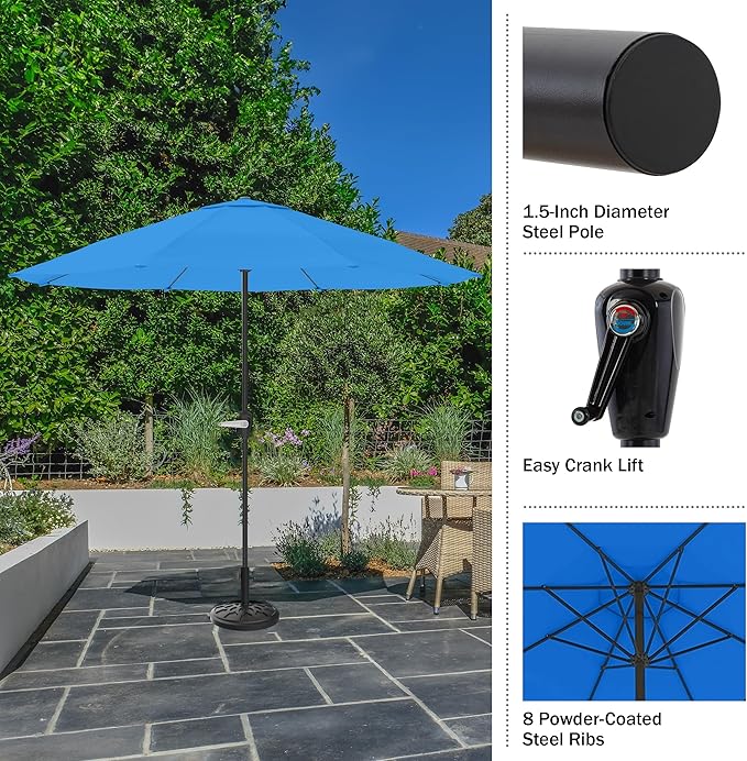 Pure Garden Patio Umbrella with Vented Canopy - 9FT Easy Crank Outdoor Umbrella for Shade - For Deck, Balcony, Backyard, or Pool (Brilliant Brilliant Blue)