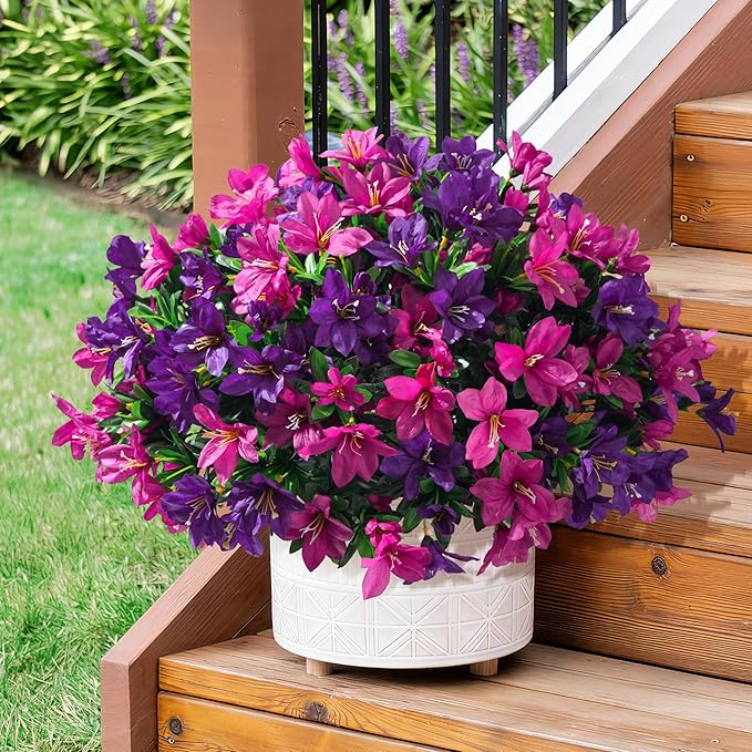 INSPRING Artificial Fake Flowers for Outdoors Spring Summer Decoration, 3 Bundles Realistic Outdoor Faux Azalea Plants UV Resistant Silk Flowers for Outside Planter Patio Porch Garden Yard Home Decor