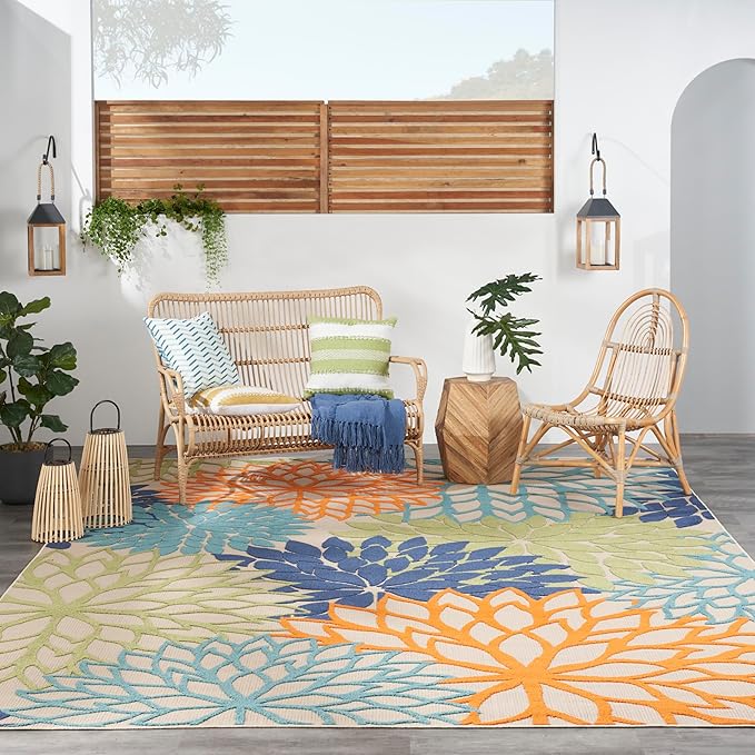 Nourison Home Aloha Indoor/Outdoor Multicolor 10' x 14' Area Rug, Tropical, Botanical, Easy Cleaning, Non Shedding, Bed Room, Living Room, Dining Room, Deck, Backyard, Patio (10x14)
