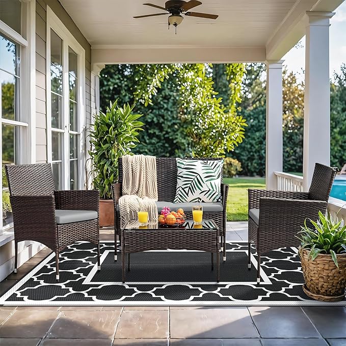 GENIMO 9 ' x 12 ' Outdoor Rug for Patio Clearance, Waterproof Indoor Outdoor Plastic Straw Rugs Carpet, Reversible Outside Area Rv Mat for Camping, Balcony Porch, Deck, Picnic, Beach (Black & White)