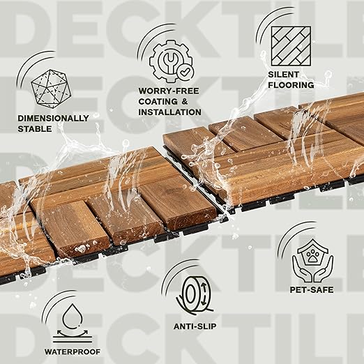 Acacia Wood Patio Deck Tiles - 27 Pcs 12 Slats Interlocking Decking Tiles for Patio Decor, Waterproof Indoor & Outdoor Use, Garden Decking Tile (12.2 x 12.2 x 0.7) - Natural