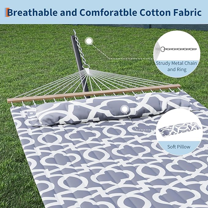 GarveeLife 57" 2 Person Outdoor Hammock, Widening Design Cotton Hammock with Metal Stand, Heavy Duty Construction, 450 LBS Weight Capacity, Light Grey