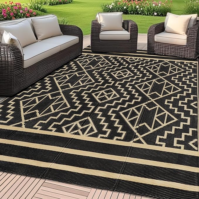 SAND MINE Reversible Mats, Plastic Straw Rug, Modern Area Rug, Large Floor Mat and Rug for Outdoors, RV, Patio, Backyard, Deck, Picnic, Beach, Trailer, Camping (9' x 12', Black & Beige)