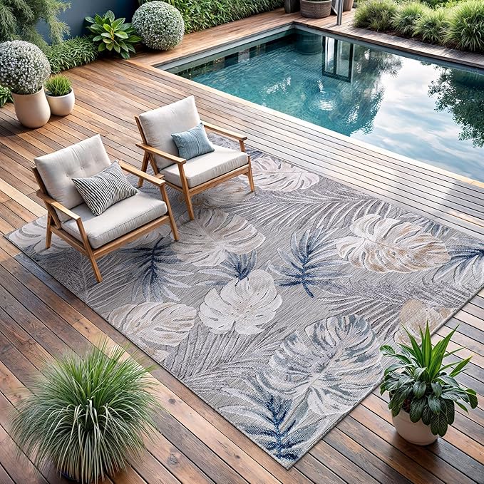 CAMILSON Indoor Outdoor Rug, Blue 5x7 Leaf Tropical Botanical Area Rugs for Indoor and Outdoor patios, Easy-Cleaning Non-Shedding Living Room, Garden and Kitchen Washable Outside Carpet (5 x 7)