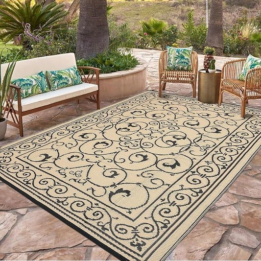 MilleLoomi Waterproof Plastic Straw Outdoor Rug 9x18 Patio Reversible UV Resistant Foldable Camping Carpet Vintage Large Outdoor Rugs for Deck, Picnic, Porch, Camper, Balcony, Beach，Black Beige