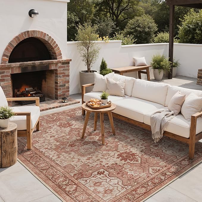 GENIMO Outdoor & Indoor Area Rug 4'x6', Waterproof, Non-Shedding, Easy Cleaning, Boho Mat for Patio, Living Room, Balcony, Dining Room, RV, Deck, Bedroom, Camping, Outside Carpet,Brown Red