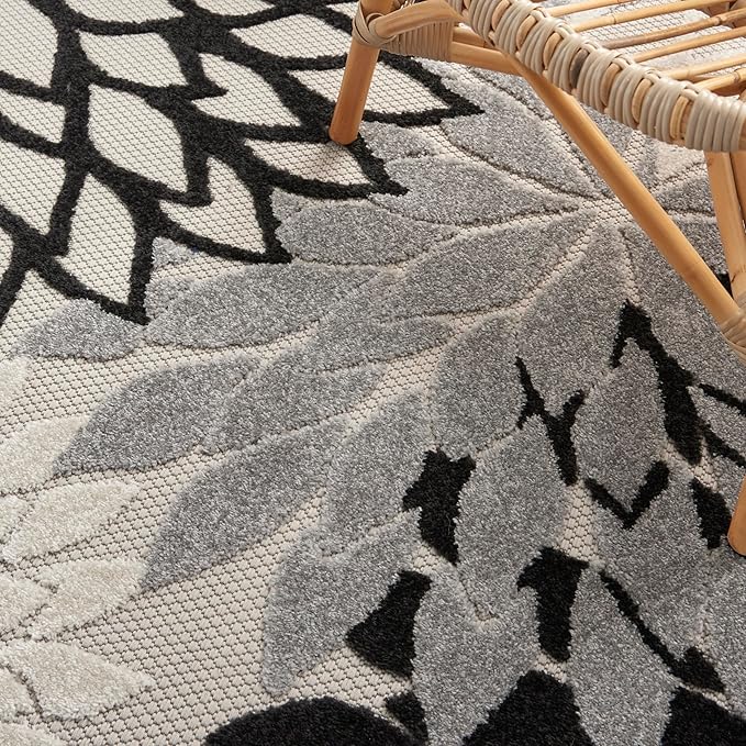 Nourison Home Aloha Indoor/Outdoor Black White 6' x 9' Area Rug, Tropical, Botanical, Easy Cleaning, Non Shedding, Bed Room, Living Room, Dining Room, Deck, Backyard, Patio (6x9)