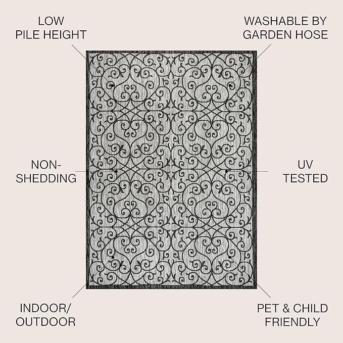 JONATHAN Y Vintage Filigree Indoor Outdoor Round Area Rug 9 Ft Light Gray/Black, Madrid Textured Weave for Backyard, Patio, Porch, Easy-Cleaning, High Traffic, Pet-Friendly, Non-Shedding SMB107E-9R
