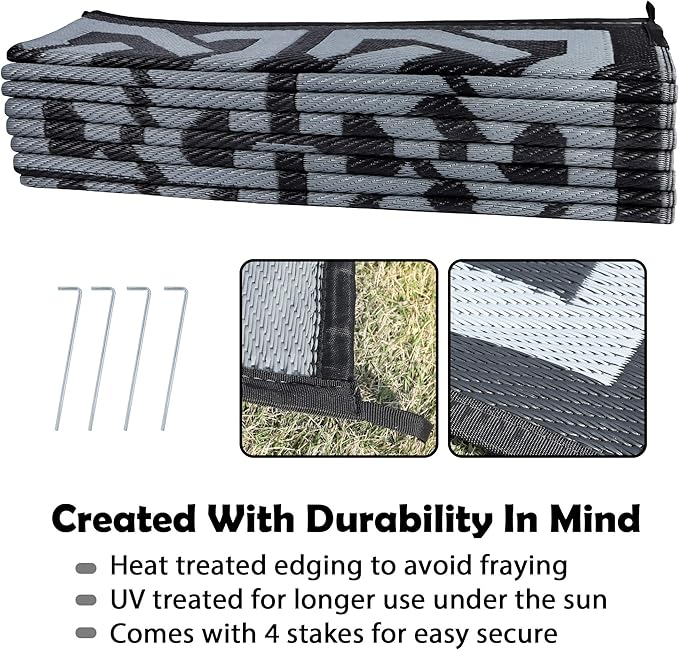 SAND MINE Reversible Mats, Plastic Straw Rug, Modern Area Rug, Large Floor Mat Rug for Outdoors, RV, Patio, Backyard, Deck, Picnic, Beach, Trailer, Camping (9' x 18', Black & Grey)