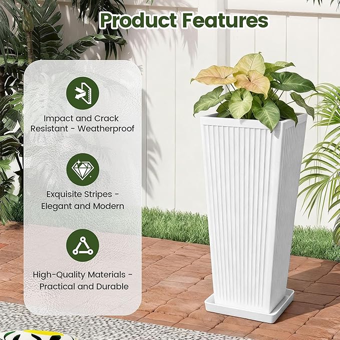 Tapered Tall Planters for Outdoor Plants 2 Pack- 23.6 Inch Square Indoor Flower Pots with Drainage Holes and Partition/Tray Saucers, Large Outdoor Planters for Porch Patio Garden, White