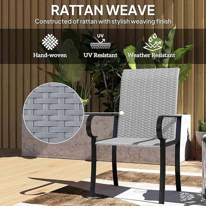 Outsunny Set of 4 Outdoor Wicker Dining Chairs, All-Weather Rattan Armchairs with Armrests, Steel Frame, High Back and Deep Seating, for Garden, Patio, Deck, Yard, Poolside, Gray