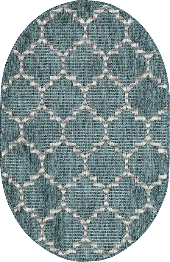 Unique Loom Outdoor Trellis Collection Area Rug (3' 3" x 5' 3" Oval, Teal/ Gray)