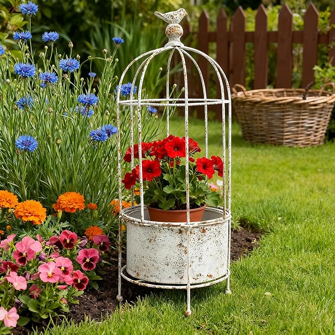Vintage Rustic Birdcage Planter Stand, Farmhouse Distressed Decorative Metal Round Plants Holder, Outdoor Garden Flower Pot for Climbing Plants, Home Patio Yard Balconies Decor