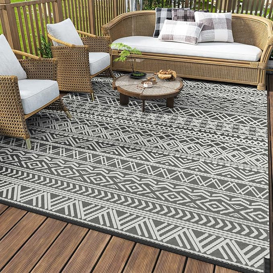 MontVoo-Outdoor Rug Waterproof 6x9 ft Outdoor Carpet Patio Rug Mat Reversible RV Camping Rug-Plastic Straw Rug Outside Outdoor Area Rug for Patio Deck Balcony Backyard Picnic Beach -Boho Grey