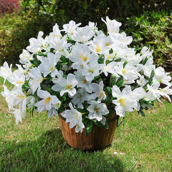 INSPRING Artificial Fake Spring Flowers for Outdoors Decoration, 3 Bundles Faux Azalea Plants Flower Look Real UV Resistant Silk Flowers for Outside Planters Patio Porch Garden Yard Window Home, White