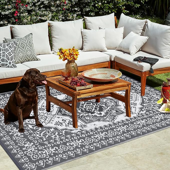 COZYLOOM 8x10 Outdoor Rug Waterproof Reversible Plastic Straw Mat, Large Vintage Medallion Patio Area Rug for Deck, Balcony, Pool, Camping, Beach, Picnic, Indoor/Outdoor Use
