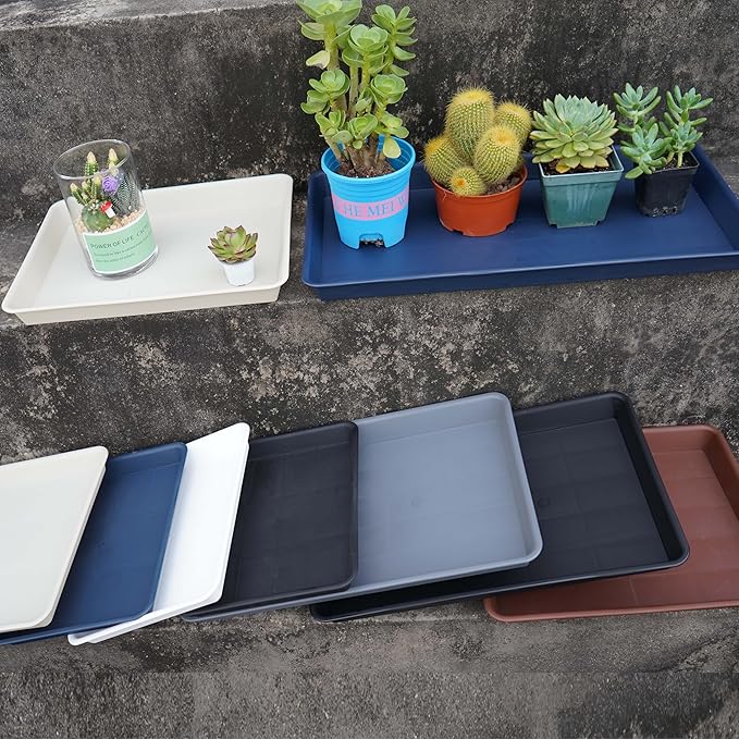 4 Pack Plant Saucer Tray Rectangular, Plant Saucers for Indoors, Heavy Sturdy Plastic Plant Drainage Trays, Plant Drip Trays for Pots, Seed Starter Growing Tray (11 x 9 inch, Gray)