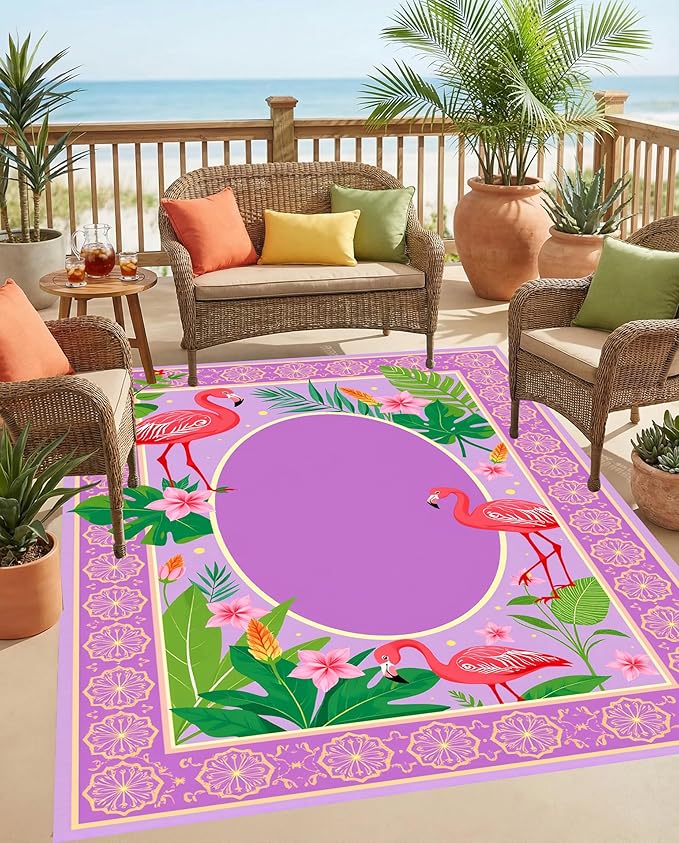Double Layer 3D Border Design Flamingo Tropical Flower Outdoor Rug for Patio Deck Balcony Porch Garden Pool RV Camping Watepproof Easy Clean Outside Carpet Pink Lavender Green 6x8