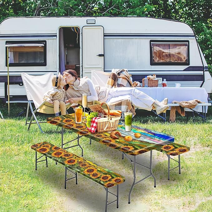 Picnic Table Cover with Bench Covers 72IN 6FT, Camping Essentials Tablecloth Waterproof Oilproof with elastic Edge for Indoor Outdoor Patio (Sunflower Sun)