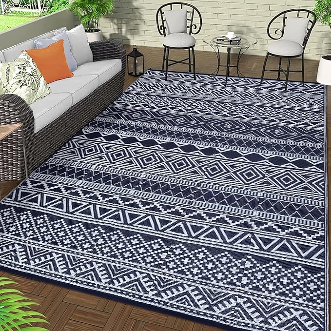GarveeLife Outdoor Plastic Straw Rug 9x12 Waterproof UV Resistant Patio Rug Lightweight Floor Mat for Camping, Picnic, Backyard, RV, Beach, Picnic, Dark Blue & White