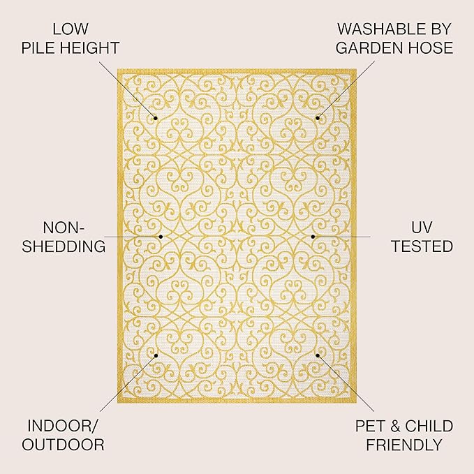 JONATHAN Y Vintage Filigree Indoor Outdoor Square Area Rug 5X5 Cream/Yellow, Madrid Textured Weave for Backyard, Patio, Porch, Easy-Cleaning, High Traffic, Pet-Friendly, Non-Shedding (SMB107D-5SQ)