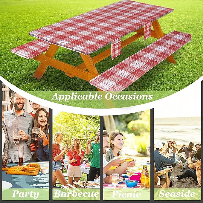 Fitted Picnic Table Cover with Bench Covers Waterproof Elastic Edges Rectangle Patio Tablecloth Outdoor Camping Essentials Stuff Rv Accessories Summer Trip Travel Camper Gifts for Woman Men, 96in 8 ft