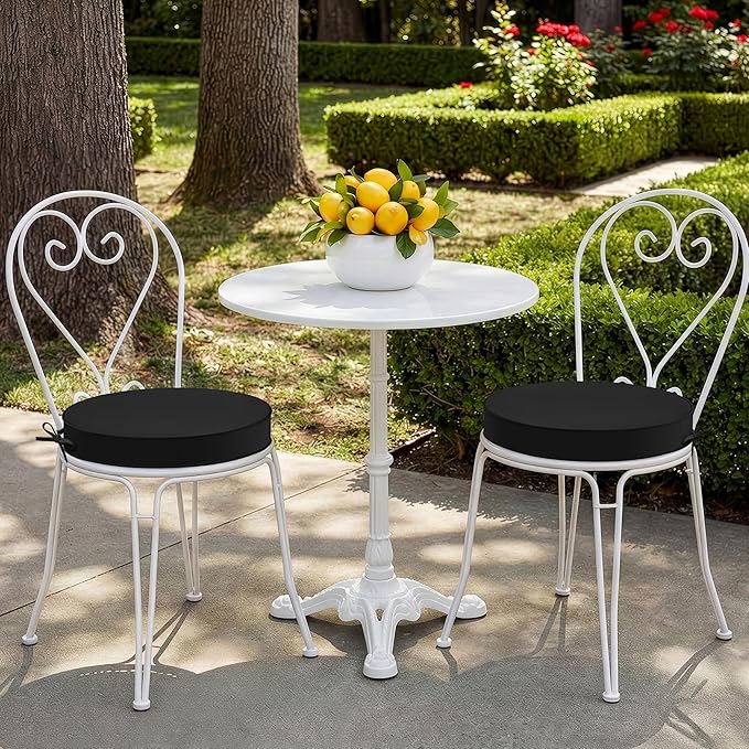 Outdoor Bistro Chair Cushions Set of 2, 15" D x 3" H Round Chair Cushions Waterproof and Fade Resistant Chair Cushion Pads with Non-Slip Ties and Removable Covers for Garden, Black