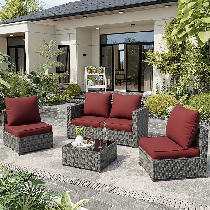 Amopatio Outdoor Chair Cushions 22.5"× 20.3" × 4", Set of 4 with Removable Cover, Waterproof & Fade Resistant seat Cushions for Patio Furniture, Burgundy