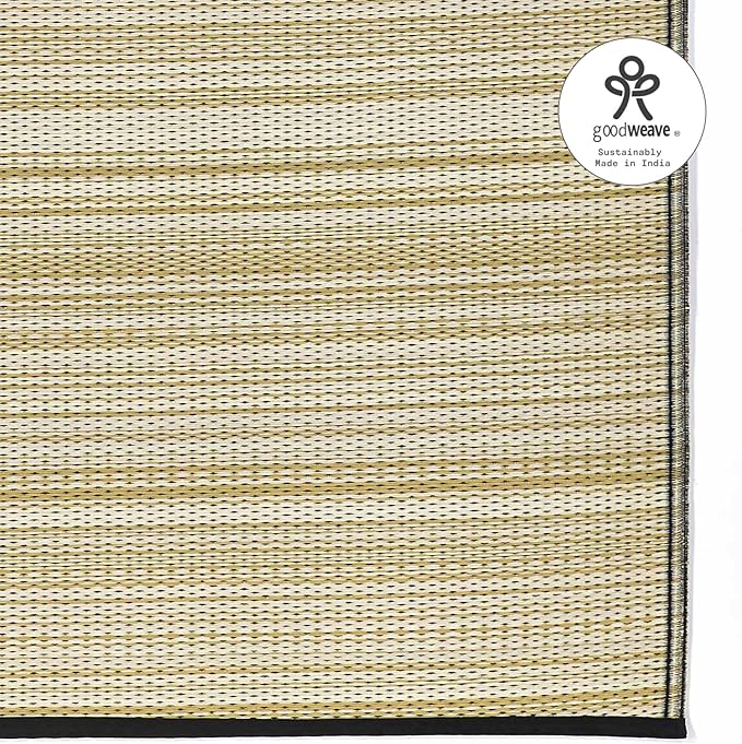 Fab Habitat Outdoor Rug - Waterproof, Fade Resistant, Crease-Free - Premium Recycled Plastic - Neutral Striped - Large Patio, Deck, Sunroom, Camping, RV - Cancun Shadow - Sand & Black - 6 x 9 ft