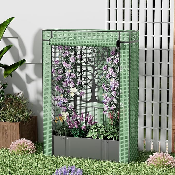 Metal Planter Box with Greenhouse Cover, Raised Garden Bed with Trellis Privacy Screen, 62 inch Tall Planter Boxes for Climbing Plants, Flowers, Vegetables, Fruits, Balcony and Patio Decor (Black)