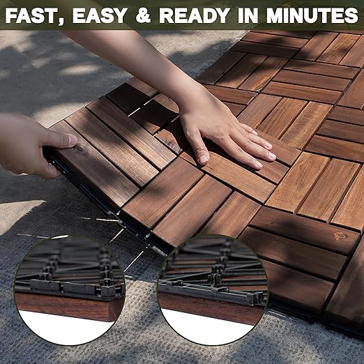 Acacia Wood Flooring Interlocking Deck Tiles for Patio Decor 9 Pcs 12 Slats VR Brown - Waterproof Indoor & Outdoor Decor - Balcony Garden Decking Tile (12.2 * 12.2 * 0.7 inches)