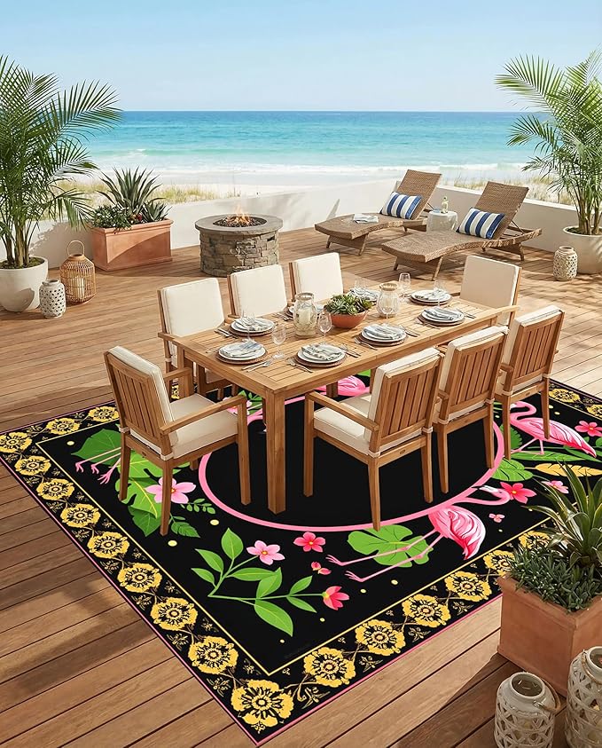6x9 Black Gold Pink Green Luxury Tropical Floral Outdoor Patio Rug with Flamingo Flower Monstera Print 3D Border Washable Waterproof Outside Carpet for Deck Balcony Porch Garden Pool RV Camping