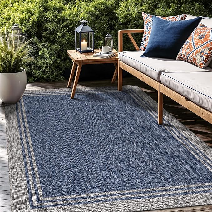 Bordered Outdoor Rug 8x10 Washable Outside Carpet for Indoor Patio Porch Waterproof Easy Cleaning Non Shedding Area Rugs Navy 8 x 10