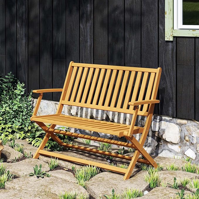 Outsunny Wood Outdoor Bench, 2-Person Foldable Patio Acacia Wood Garden Bench with Backrest and Armrests for Garden, Porch, Park, Balcony, Teak