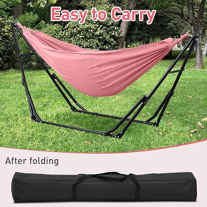 Ainfox Hammock with Foldable Stand, 2 in 1 Hammock and Swinging Chair with Carrying Bag, Portable Camping Chair Suitable for Outside, Swing,Patio,Garden,Camping Trip Pink