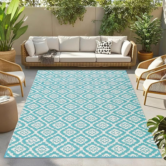 Wallona Outdoor Rugs 5x8 ft Patio Waterproof Clearance Indoor Outdoor Carpet for Patio Plastic Straw Reversible Area Rugs Mat for RV, Camping, Balcony, Beach, Picnic, Porch, Brick Teal & White