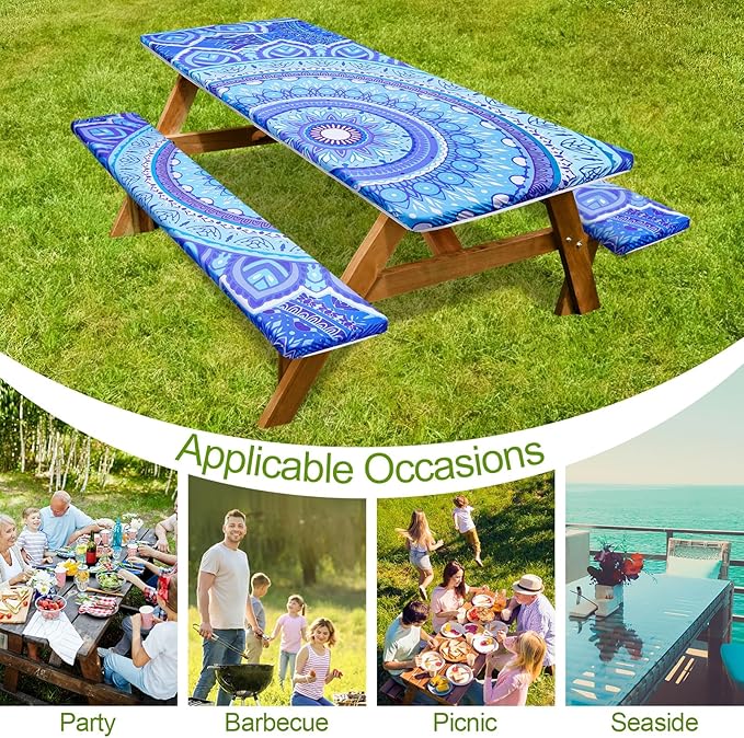 Picnic Table Cover with Bench Covers 6FT 3 Pcs Waterproof Windproof Aesthetic Camping Tablecloth with Drawstring Bag, Fitted for 6 Foot Rectangle Tables and Seats, 96in, Light Blue Purple