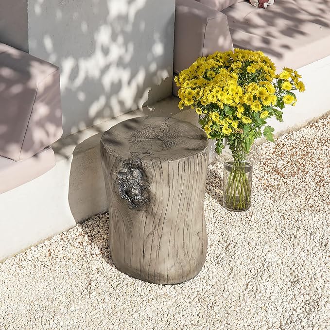 COSIEST 2 Pieses Outdoor Side Table, Hand-Painted Wood Stump Side Table Set of 2, Faux Wood Stool, Ottomans, Plant Stand, Deck or Garden (Grey)
