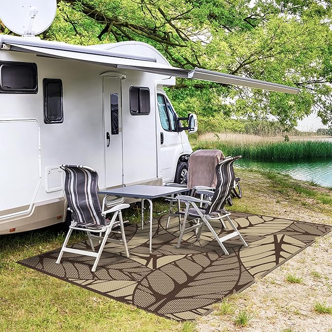 GENIMO Outdoor Rug 6' x 9' Waterproof for Patio Clearance, Reversible Plastic Straw Camping Carpet, Lightweight Mat for Rv, Camper, Deck, Porch, Picnic, Balcony, Beach, F.Coffee & Beige